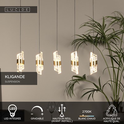 Lucide KLIGANDE - Suspension - LED Dim. - 5x7,8W 2700K - Or Mat / Laiton